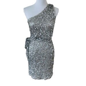 Aidan Mattox One Shoulder Sequin Dress Silver Size 0